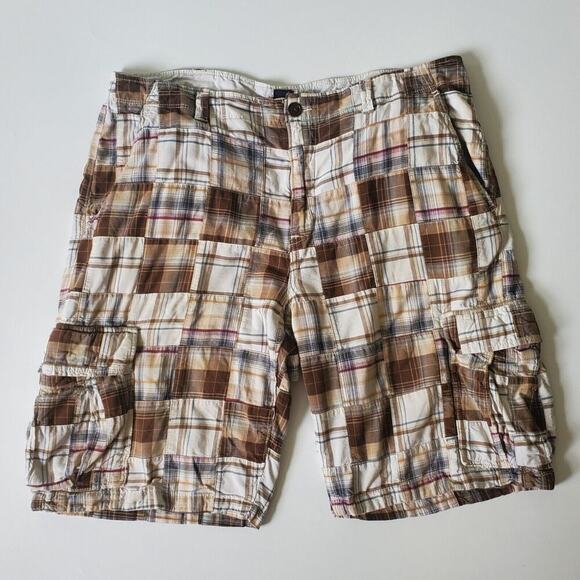Gap Madras Plaid Cargo Shorts Brown Cotton Patchwork Mid Rise Classic Preppy - Picture 1 of 12